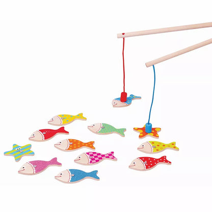 A set of New Classic Toys Magnetic Fishing Game pieces hanging from a string.