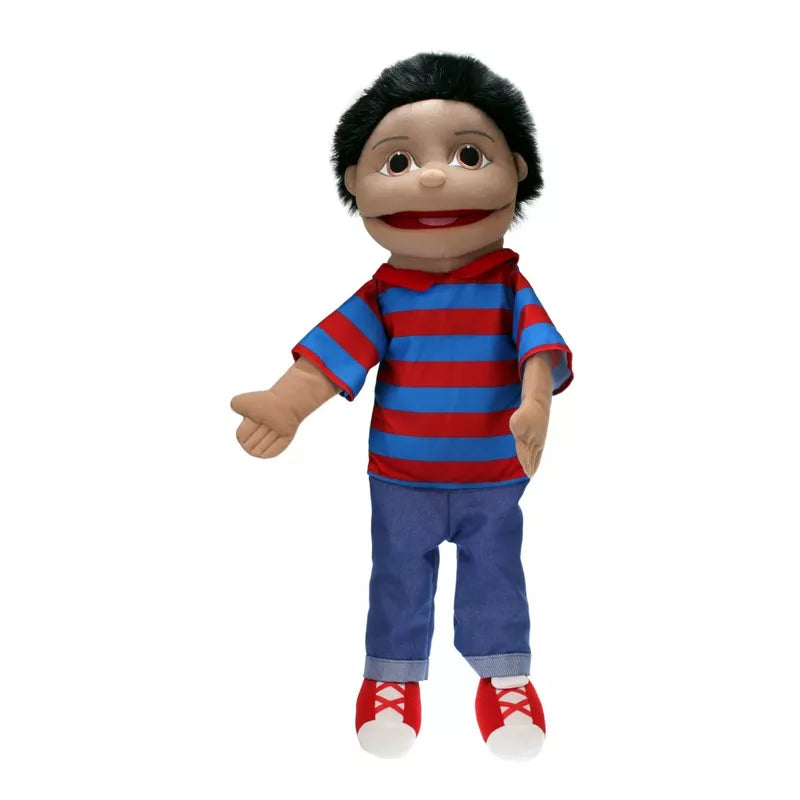 A tall Hand Puppet of a Boy with Olive Skin Tone, mouth moving and 57cm tall. Colourful clothes and detailed embroidered features and hair.