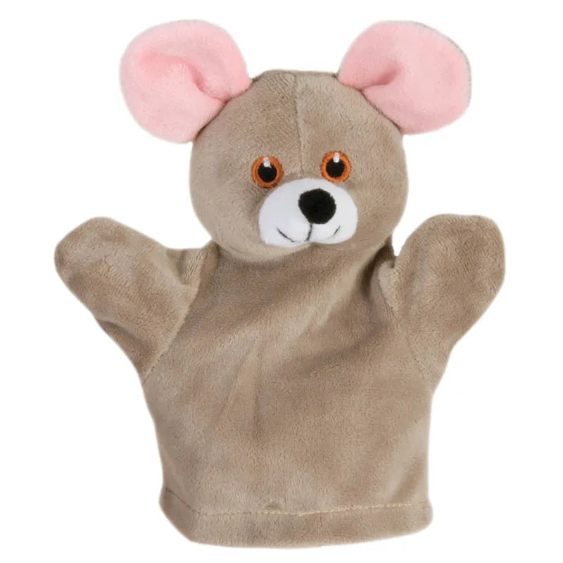 The Puppet Company First Puppet Mouse is a plush hand puppet designed for newborn story time, featuring brown fur, large pink ears, orange eyes, and a white face patch against a plain white background.