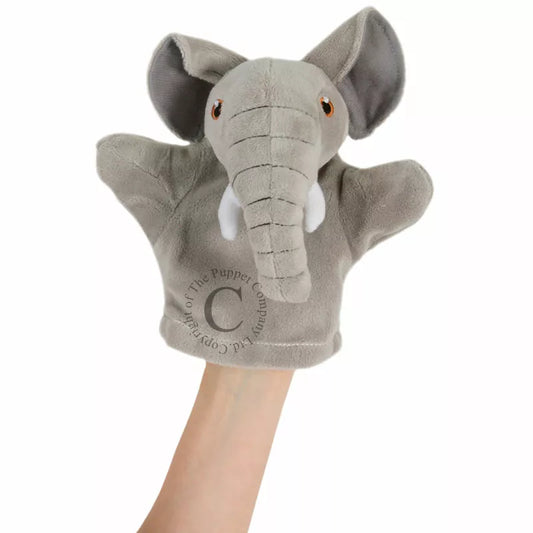 My First Puppet Elephant is a glove puppet with a head shaped like an elephant.  Made of very soft material and embroidered features. Safe to use from birth.
