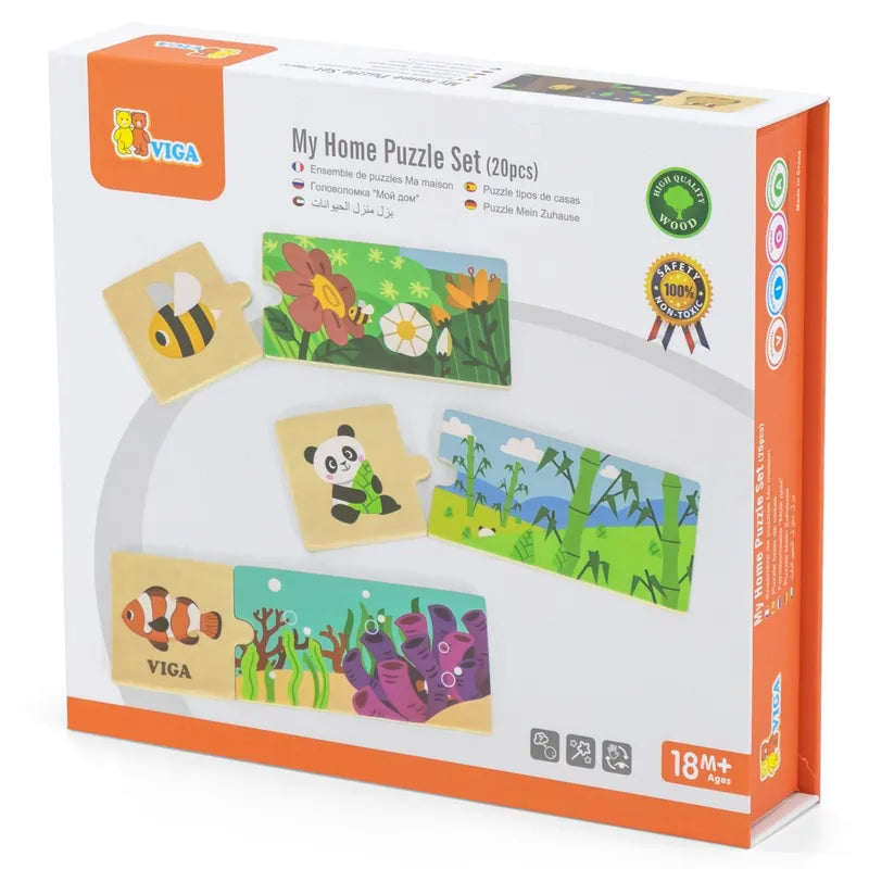 Introducing the My Home Puzzle Set: a square wooden puzzle box designed for children aged 18 months and up. This set showcases charming images of bees, pandas, trees, fish, and birds on the front, sparking imaginative play. It includes eco-friendly materials and safety certification icons for peace of mind. The magnet-flip box comes with 20 engaging pieces.