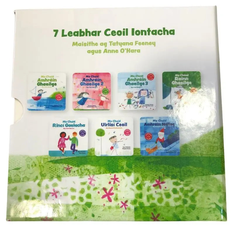 The My Irish Books Bailiúcháin 7 Books boxed set includes seven illustrated Irish children's books with vibrant covers and playful cartoon characters—a charming collection of Irish songs for kids.