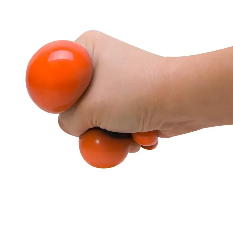 The Classic Needoh, perfect for relieving tension, deforms around fingers under pressure when squeezed. This bright orange stress ball is made of non-toxic material and set against a plain white background.