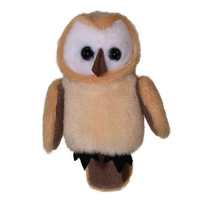 The Puppet Company Barn Owl Finger Puppet is an ideal companion for storytelling, showcasing light brown and cream-colored fur with large black eyes and a pointed beak. This soft puppet stands upright with its wings by its sides against a plain white background.