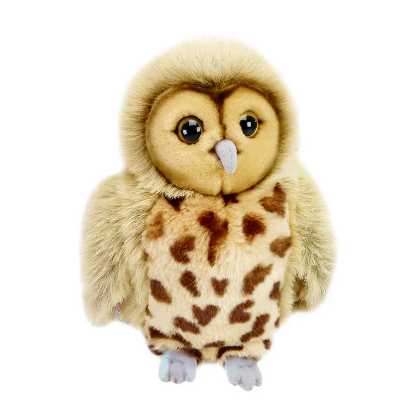 The Puppet Company Full-bodied Hand Puppet Owl features light brown fur, a round face, big black eyes, a gray beak, and brown-spotted chest—ideal as a soft toy for imaginative play and displayed upright on small gray feet against a white background.