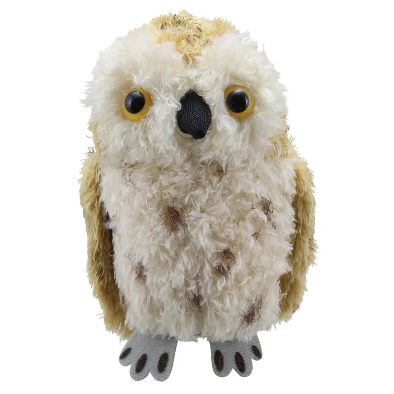 The Puppet Company Tawny Owl Finger Puppet is a soft toy with fluffy white and light brown feathers, large yellow eyes, and a small black beak that stands upright with gray fabric feet, ideal for storytelling.