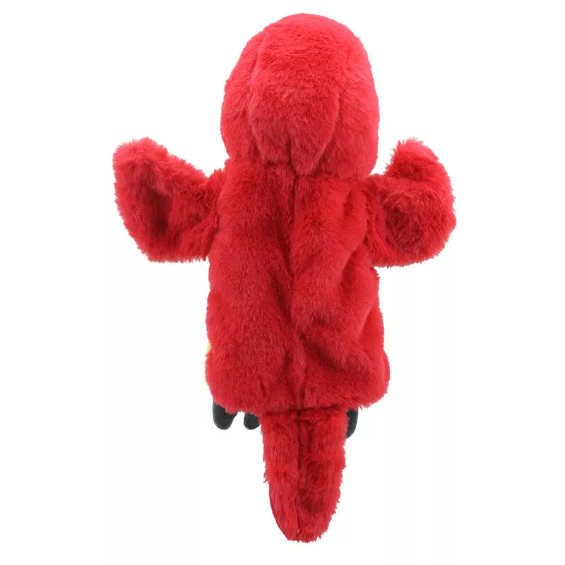 A red ECO Puppet Buddies Parrot Hand Puppet is standing up on a white background.