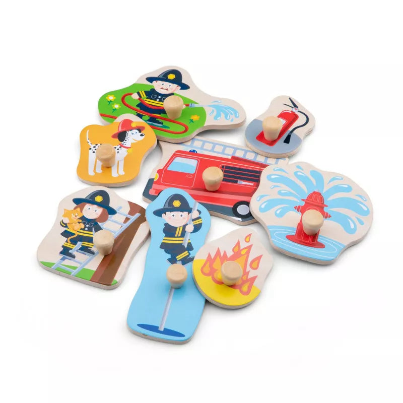 A pile of New Classic Toys Peg Puzzle – Fire Brigade - 8 pieces.