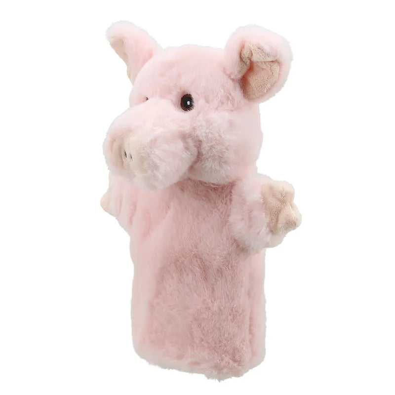 The ECO Puppet Buddies Pig Hand Puppet is a delightful plush pig hand puppet featuring a pink pig with light beige inner ears and a snout. It stands upright with its front paws slightly raised, highlighting its soft and fuzzy texture. This charming farm animal toy has black eyes and a lightly colored mouth.