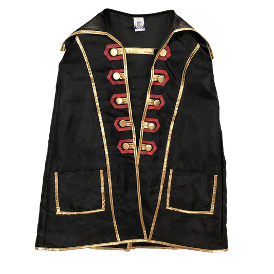 A Liontouch Pirate Cape Captain Cross accessory, this black cape features elegant red and gold trim.