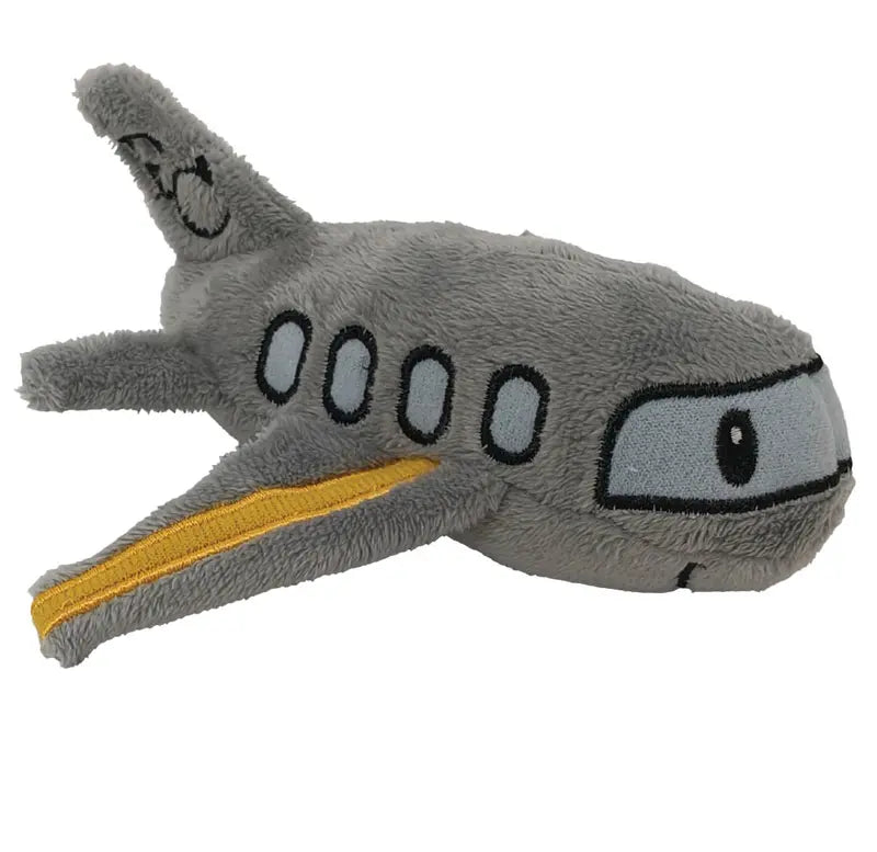 The Cute Commutes Plane Finger Puppet is a gray airplane with cartoon eyes, three black windows per side, and a yellow wing stripe—an adorable travel-themed toy for little adventurers.