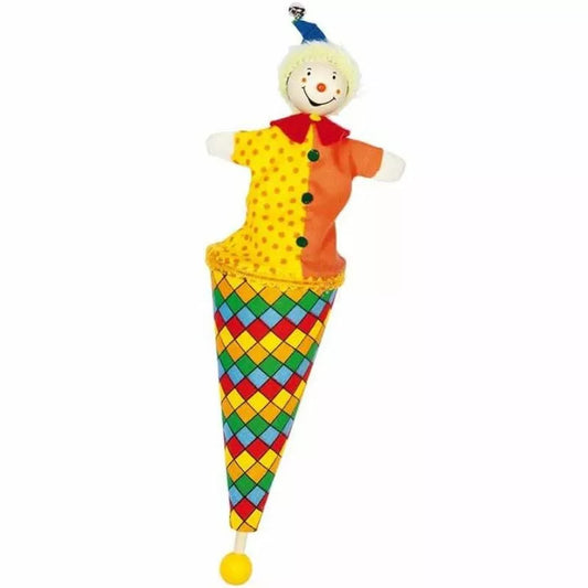 A colorful traditional Pop-up Puppet Checkered featuring a smiling clown with a yellow and orange outfit, and a multicolored checkered cone body, topped with a blue hat and a yellow ball at the bottom.