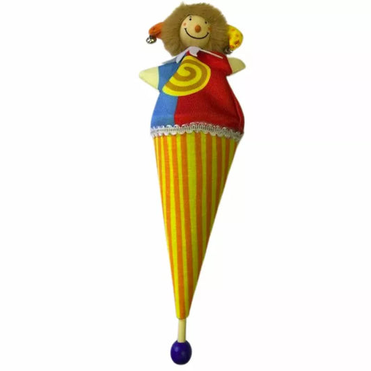 A colorful Pop up Puppet Stripy with a smiling face, wearing a striped cone-shaped body in yellow and red, a red top, and a blue collar, with a small hat and a bell on.