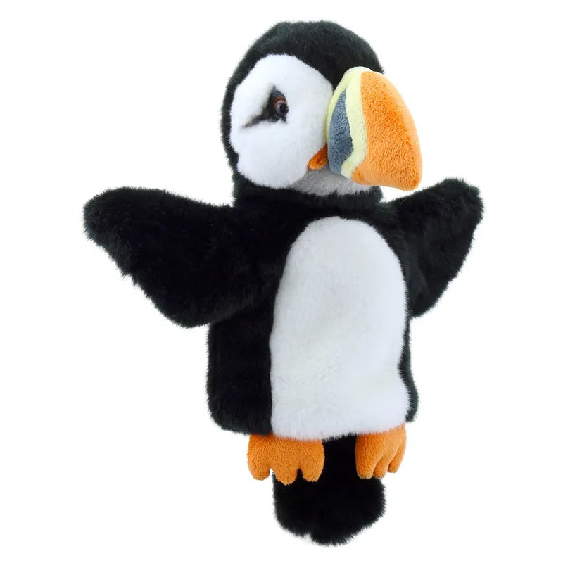 The Puppet Company CarPets Puffin is a stuffed plush toy in black, white, and orange, featuring an orange beak and feet. With wings spread, it invites imaginative play with its soft texture against a plain background.