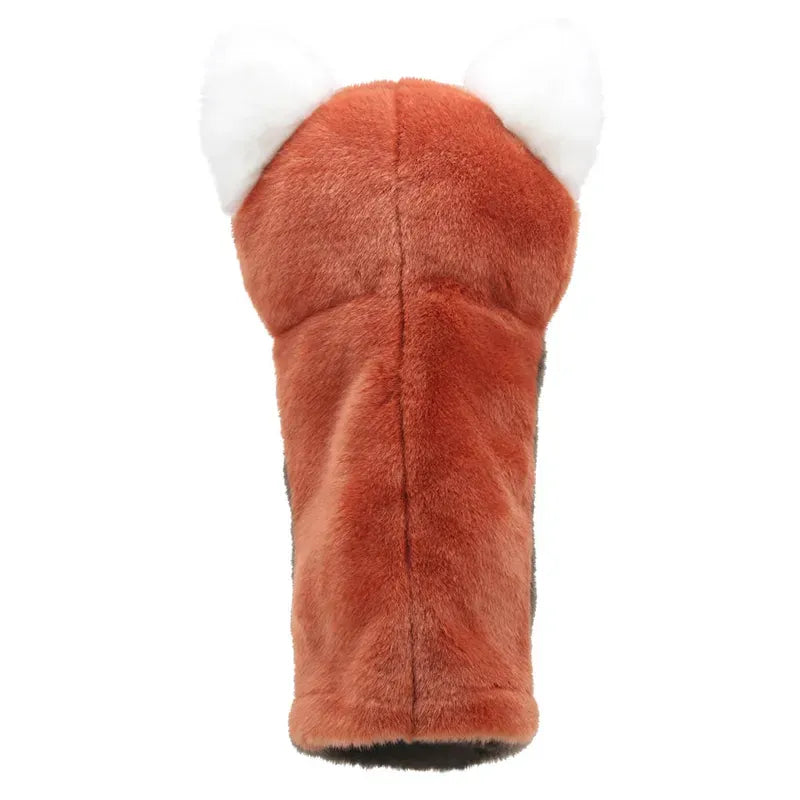 A plush golf club headcover, resembling a fox with red-brown coloring, white ears, and a rounded top. It is soft and fuzzy like the fur of the Jumbo Friends Red Panda Hand Puppet, designed to mimic a fox's head and neck.
