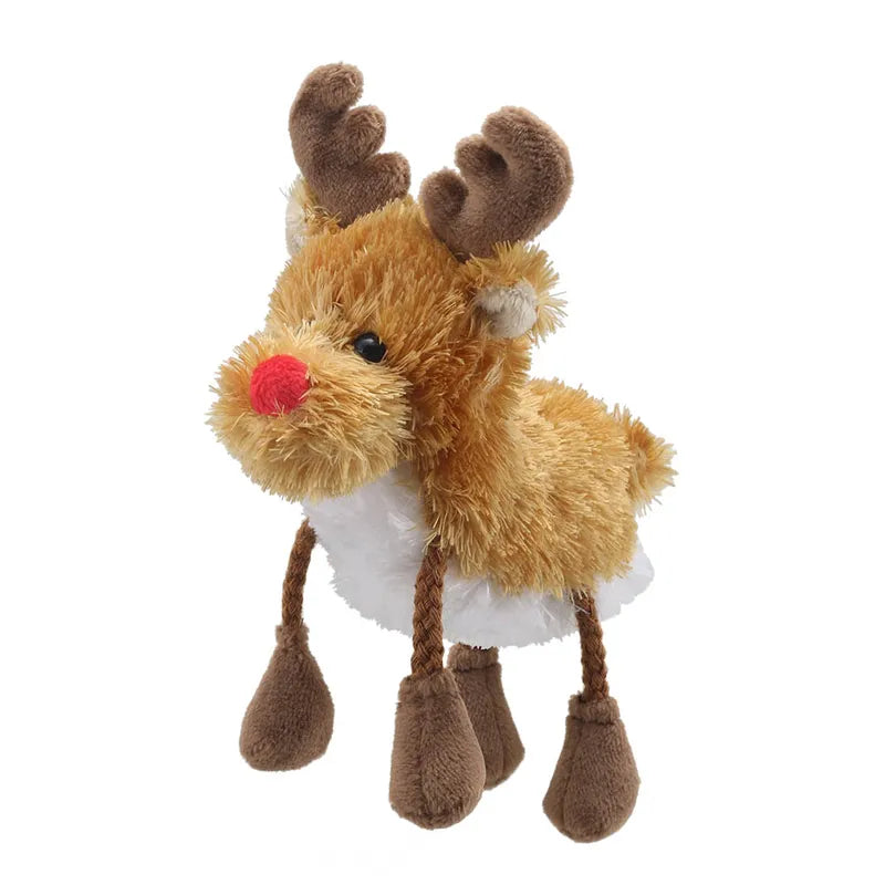 The Puppet Company Finger Puppet Reindeer is a plush toy with brown fur, a white belly, red nose, and brown antlers. With floppy ears and four soft paws, it's perfect for Christmas stories or storytime sessions, adding magic to every tale.