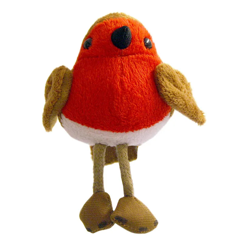 The Puppet Company Robin Finger Puppet is an adorable plush toy featuring a bright red breast, brown wings and head, a white underside, and small brown feet. It doubles as a charming finger puppet perfect for storytime adventures and stands upright with a friendly appearance that delights children.