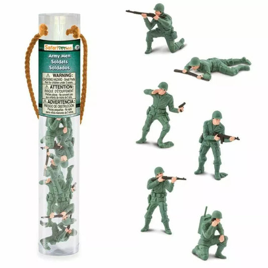 A collection of small plastic army men toys in various poses, packaged in a clear cylindrical container with a label reading "TOOBS® Figurines Army Men.