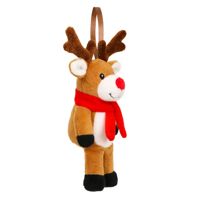 The Reindeer Finger Puppet Decoration from The Puppet Company features brown antlers, a red nose, black hooves, and a red scarf, hanging from a brown loop—making it an adorable Christmas tree ornament.