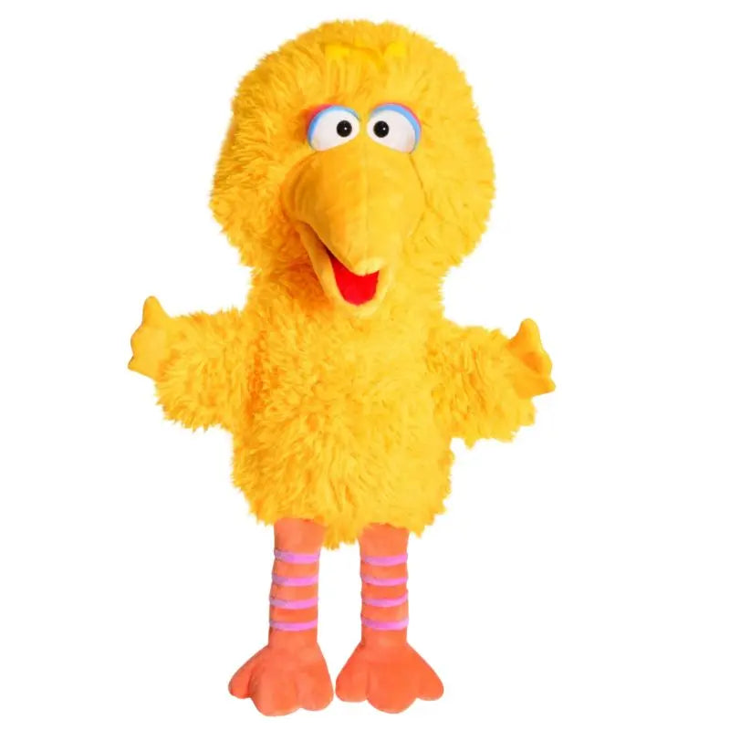 The Living Puppets Big Bird 52cm Hand Puppet is a plush toy featuring a large yellow bird with orange legs, pink-striped socks, big orange beak, and wide eyes—perfect for interactive play as your favorite Sesame Street character.