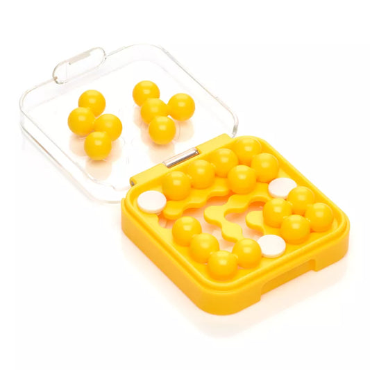 A SmartGames IQ Mini Yellow game with a yellow plastic case containing four yellow balls.