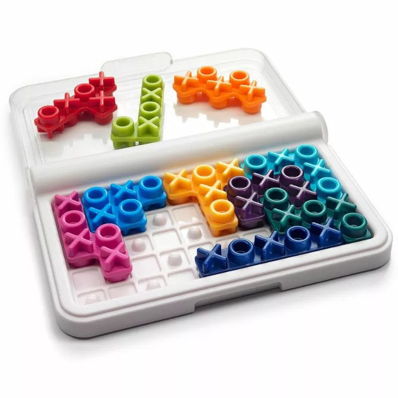 A set of colorful plastic SmartGames IQ XOXO pieces in a box, perfect for challenging game enthusiasts.