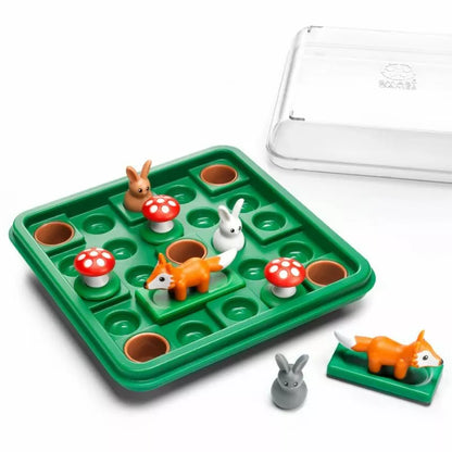 a SmartGames Jump In' toy board game with animals and a box.