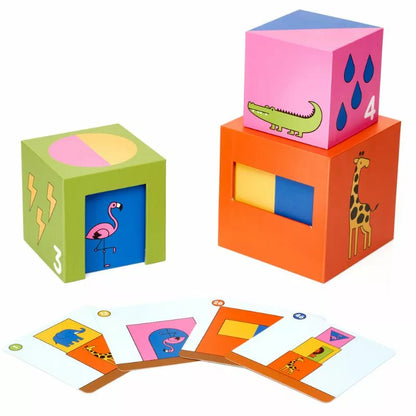 a set of SmartGames Peek-A-Zoo cubes and cards with giraffes, elephants, and zebras.
