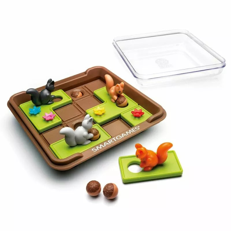 a SmartGames Squirrels Go Nuts! toy set in a plastic container.