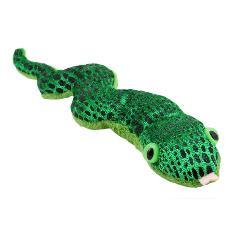 The Puppet Company Finger Puppet Snake features a plush green design with large green eyes, dark body spots, a soft fuzzy texture, and a slightly curved shape. Its light pink forked tongue makes it perfect for imaginative storytelling adventures.