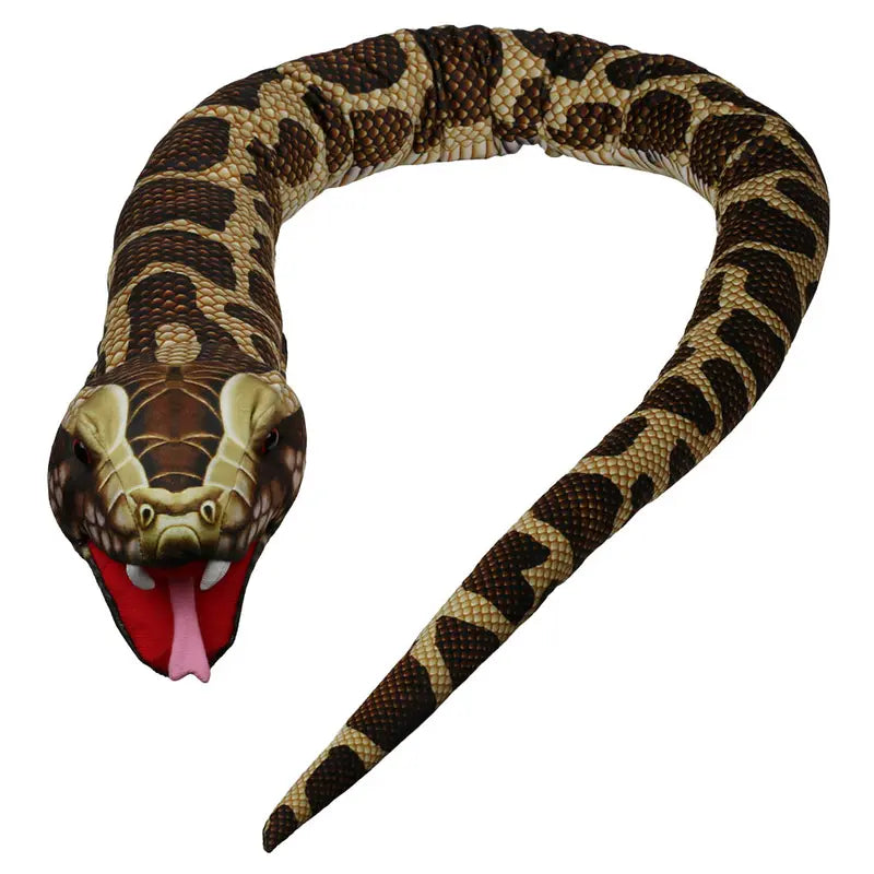 The Puppet Company Large Creature Snake Brown is a realistic hand puppet featuring a brown and tan pattern, an open red mouth with a visible pink forked tongue, and is shown coiled in an S-shape on a white background.