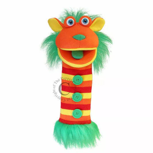 A colourful Sock Puppet named Sockette Puppet Buttons It’s knitted body is red, orange and yellow with three large buttons. It has big expressive eyes and is mouth moving.