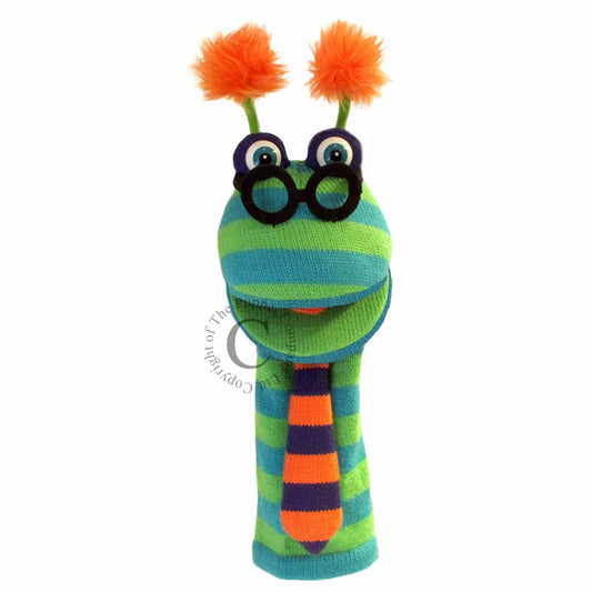 A colourful Sock Puppet named Sockette Puppet Dylan It’s knitted body is blue and green, he wears glasses and a tie.It has big expressive eyes and is mouth moving.