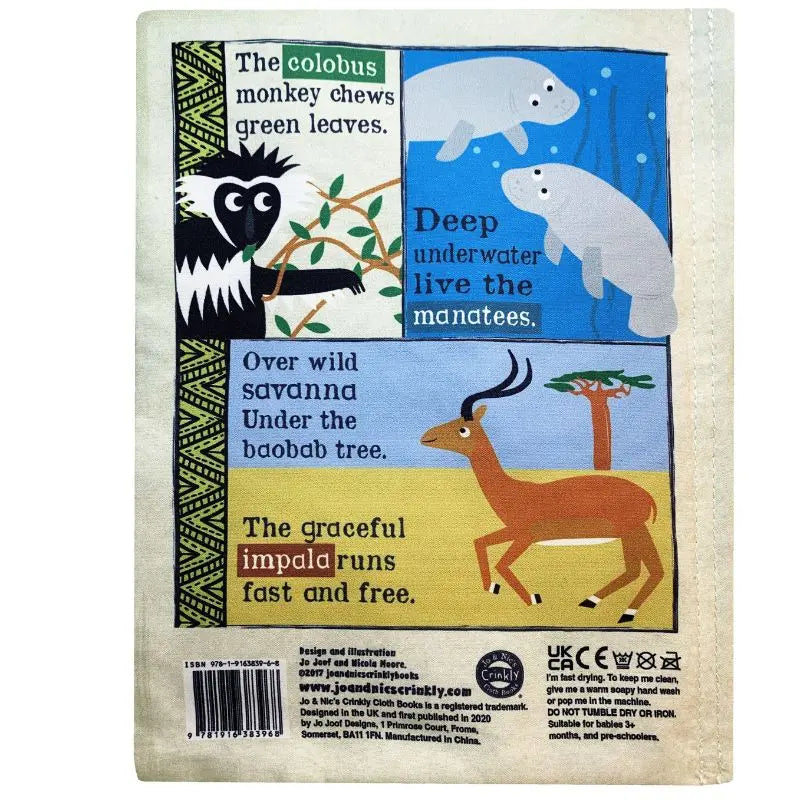 The Crinkly Cloth Book African Animals features sensory pages with rhyming descriptions of a colobus monkey eating, manatees swimming, and an impala running—perfect as a unique gift for curious babies.