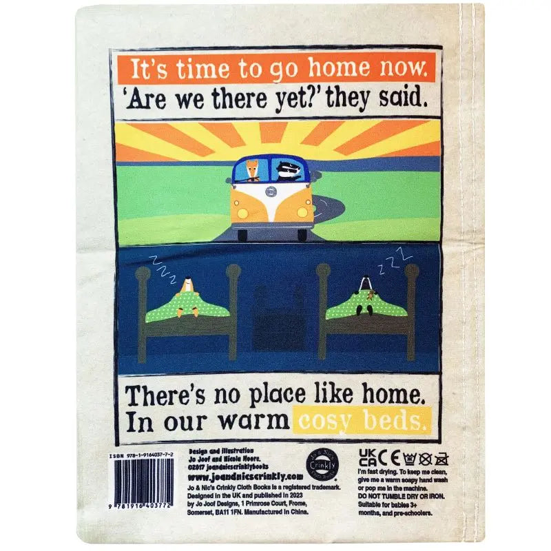 A cartoon shows a family in a yellow van at sunset: "It's time to go home now. 'Are we there yet?' they said." Below, two kids sleep in beds: "There's no place like home." Crinkly Cloth Book Summer makes a unique gift for cosy baby dreams.