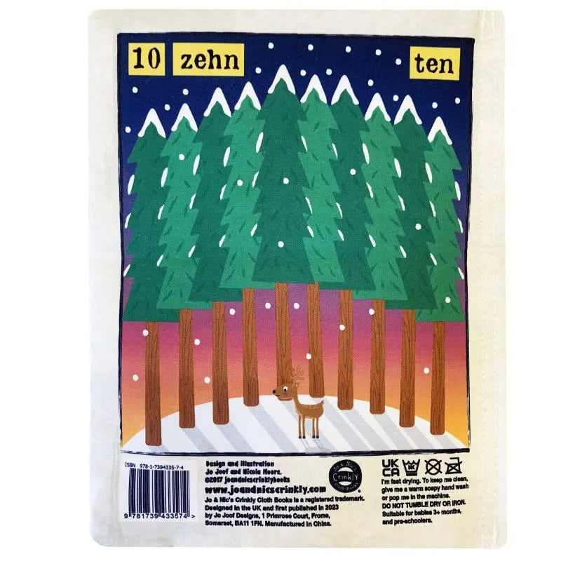 Illustration from Crinkly Cloth Book Count To 10 In German: ten tall pine trees in snow with a deer, the numbers “10,” “zehn,” and “ten” at the top as snowflakes fall from a dark blue sky. Perfect for learning to count in German.