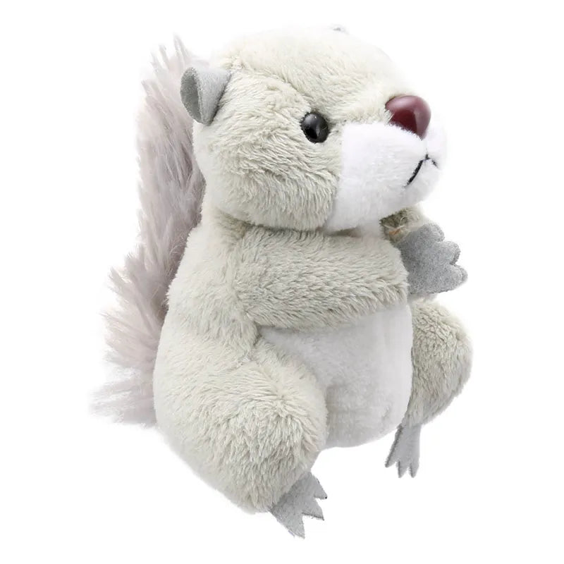 The Puppet Company Grey Squirrel Finger Puppet is a fluffy, light gray plush toy with a bushy tail and black eyes that sits upright. Ideal for storytelling, it showcases a soft white belly and a small, dark nose against a plain white background.
