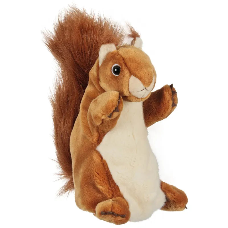 The Puppet Company Long Sleeved Puppet Squirrel is a charming plush toy resembling a brown and white squirrel with a bushy tail and small paws. It sits upright on a white background, featuring a friendly expression and black eyes.