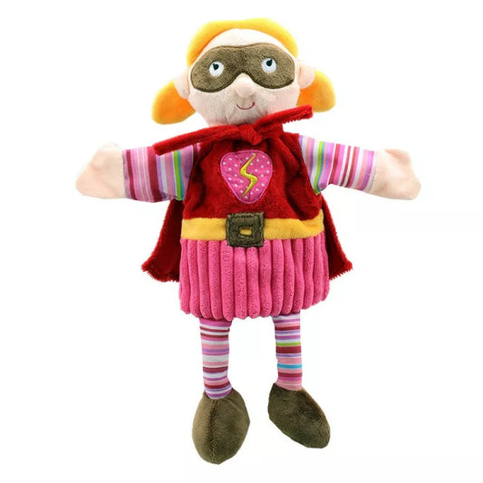 Hand Puppet of a Girl Super Hero with colourful clothes and quality embroidered facial features.  Big enough to be used by children and adults.