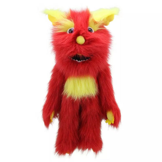 A The Puppet Company Red Monster stuffed animal on a white background.