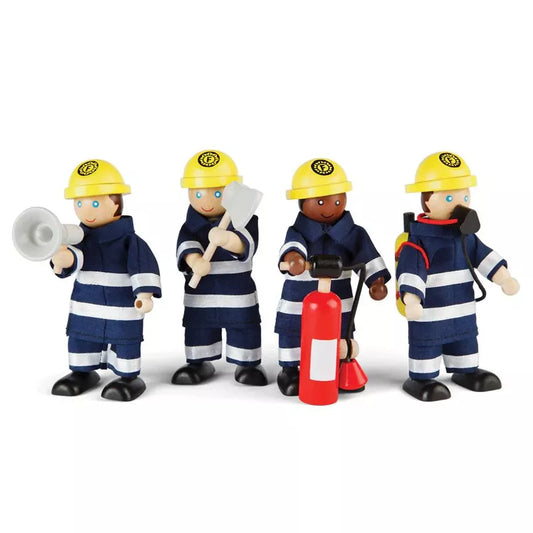 Four Firefighters Set in blue uniforms and yellow helmets, each equipped differently with a megaphone, axe, fire extinguisher, and hose, standing against a white background. Ideal for imaginative play.