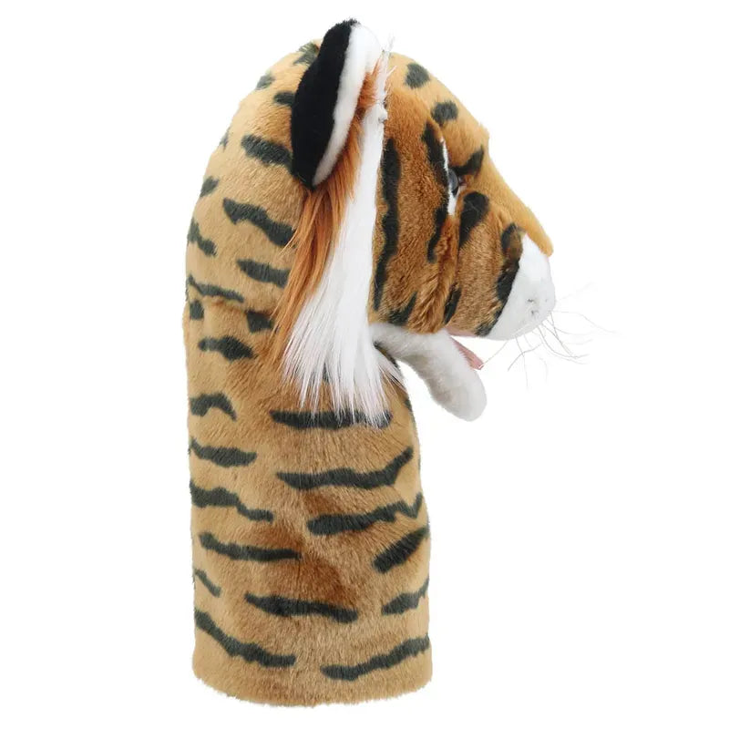 Side view of the Jumbo Friends Tiger Hand Puppet, showcasing black stripes, white whiskers, and ears. The soft texture fits snugly over a golf club. Its slightly open mouth adds character, bringing life to this storytelling puppet with a movable mouth.