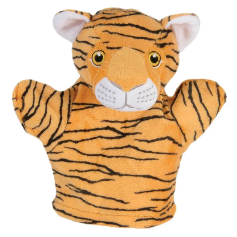 The Puppet Company My First Puppet Tiger is a plush hand puppet with orange fur, black stripes, and bright yellow eyes. Ideal for story time with newborns, it fits over your hand to make tales come alive through animated play.