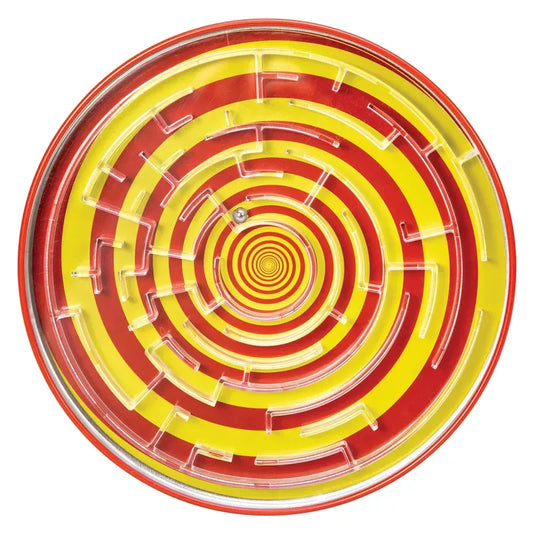A Schylling Tin Ball Yellow toy with a yellow and red spiral.