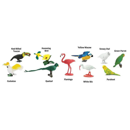 A group of TOOBS® Figurines Exotic Birds are shown on a white background.
