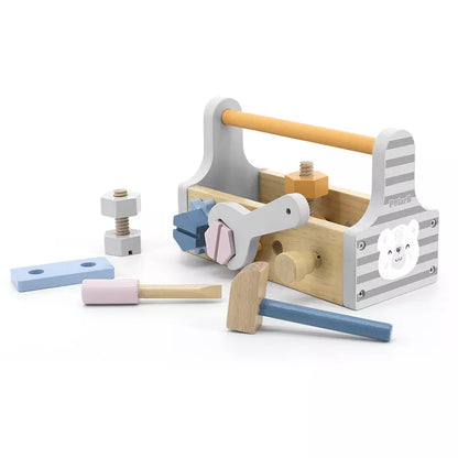 A children's New Classic Toys Tool Kit Soft Colours with wooden tools and hammers.