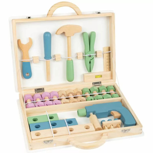 A Wooden Toolbox with Accessories filled with different tools.