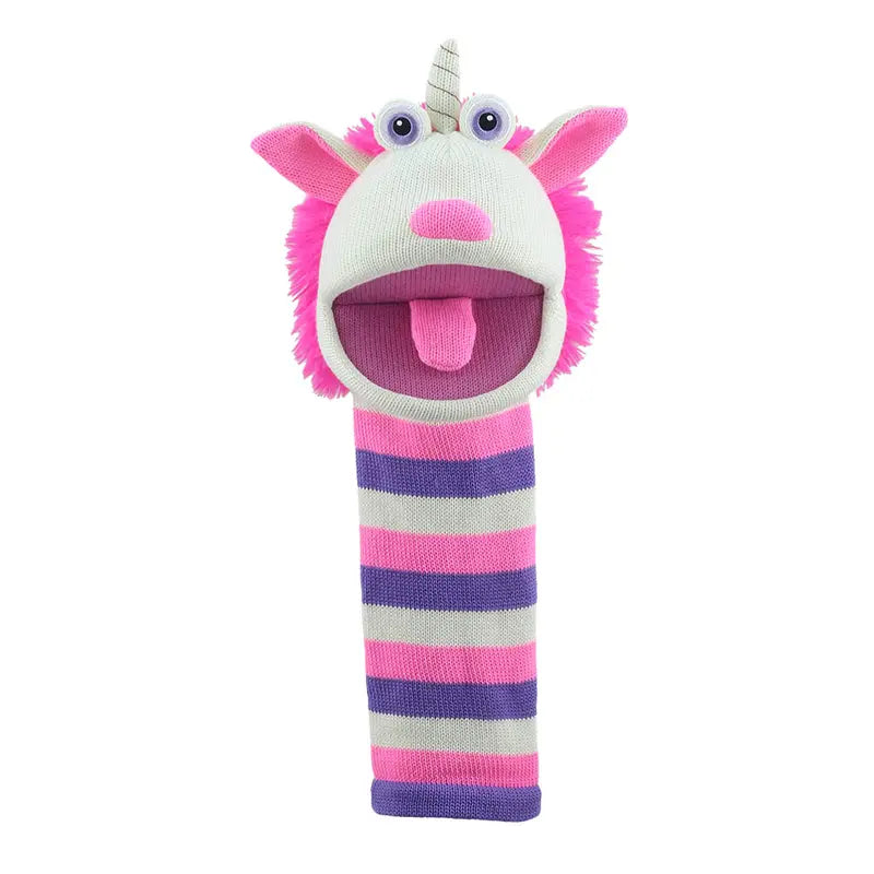 The Puppet Company Sockette Twinkle is a colorful unicorn hand puppet sock with a horn, googly eyes, pink ears, and a fuzzy pink mane. Pink and purple stripes on white plus eco-friendly recycled materials make it extra magical.