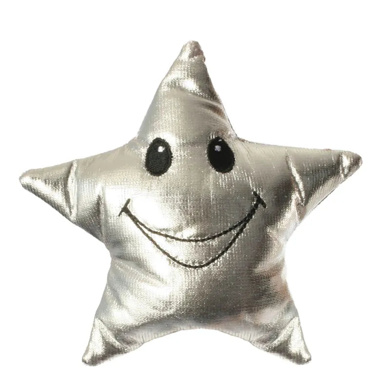 The Puppet Company's Twinkle Twinkle Little Star Finger Puppet is a smiling star-shaped toy, boasting a silver metallic finish with embroidered black eyes and mouth.