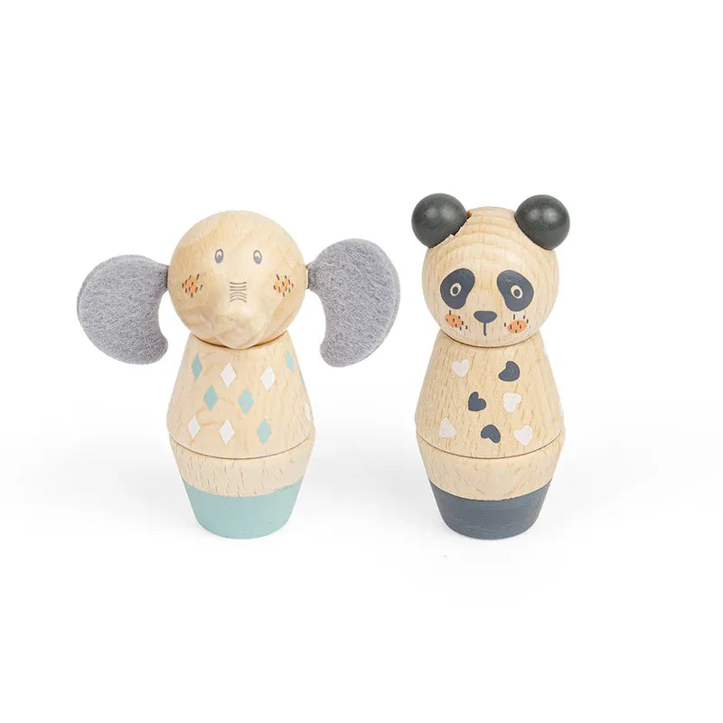 Twist and Match Panda and Elephant: Two wooden animals with geometric patterns, featuring an elephant with large gray felt ears and a panda with black ear details, all on FSC Certified wood to spark imagination and enhance fine-motor skills.